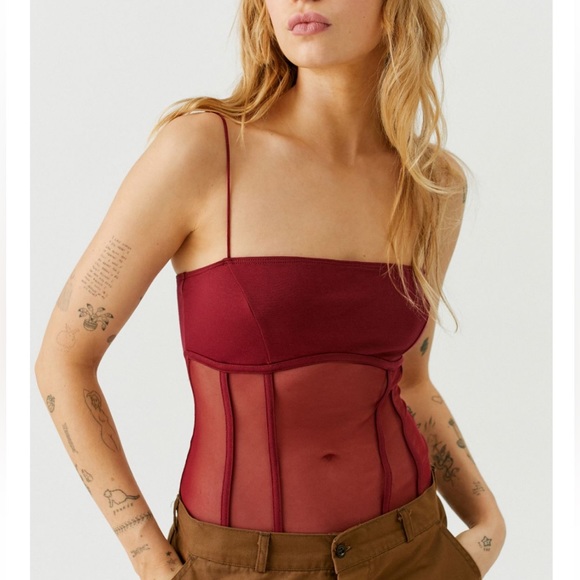 NWT UO Mesh Corset Harlow Bodysuit - Deep Red - Picture 1 of 5
